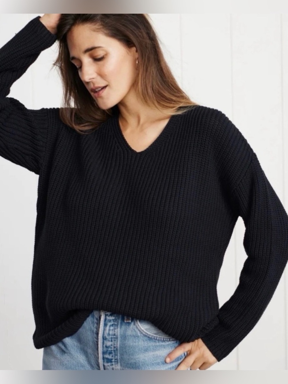 Jenni Kayne Cotton Cabin V Neck Sweater XS Black